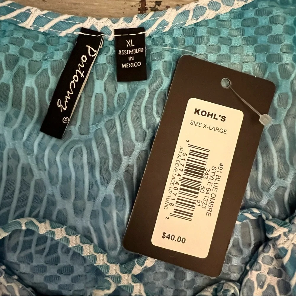Porto Cruz Blue Ombré 3/4‎ Sleeve Lace Up Tunic Cover Up XL New with Tag - Picture 2 of 9